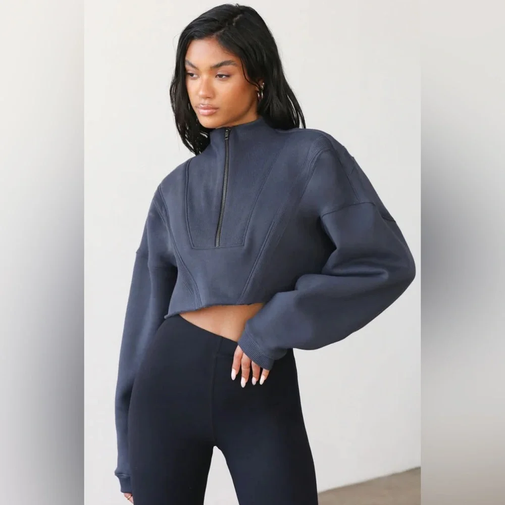 $218 JOAH BROWN NAVY HALF ZIP CROP SWEATSHIRT SKIMS HAILEY BIEBER FREE PEOPLE - Picture 2 of 6